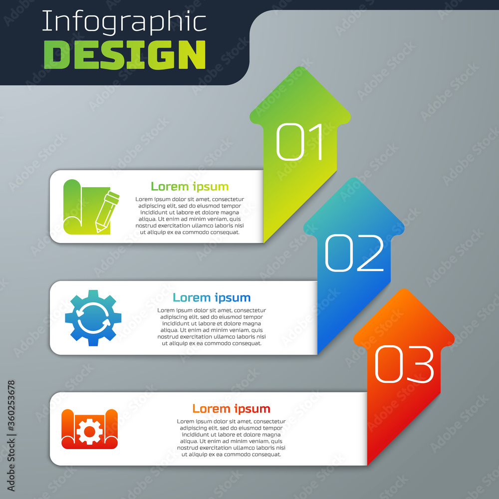 Poster set graphing paper and pencil, gear and arrows as workflow and graphing paper and gear. business inf
