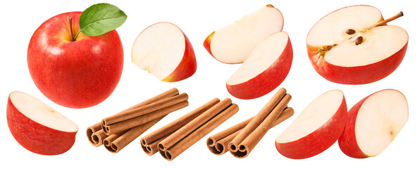 Red apple slices and cinnamon set isolated on white background