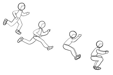 graphics illustration of long jump technique performed by minors,  acceleration than push and action in the air, final landing, children drawing tutorial how to draw animated humans by curved lines 
