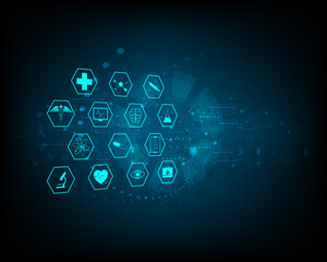 Modern medical and innovative symbols on a blue background