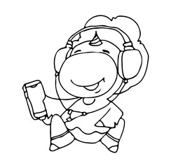 Coloring book for kids - unicorn listening music on a smartphone. Black and white cute cartoon unicorns. Vector illustration.	