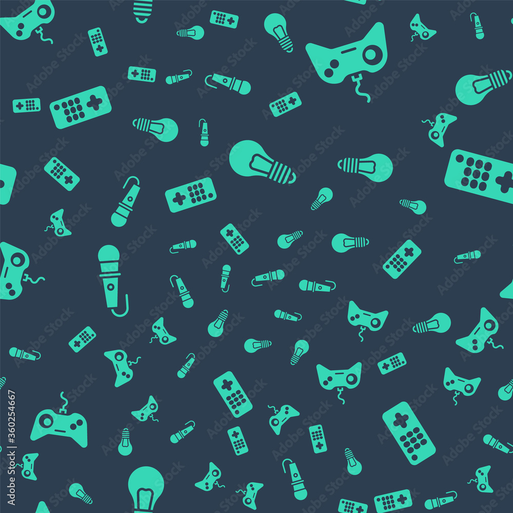 Poster set light bulb with concept of idea, gamepad, microphone and remote control on seamless pattern. vec
