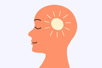 A person having a little glowing sun in his head. Mentally healthy and happy person concept. Human head flat design .