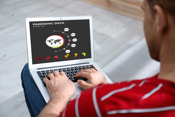 Man with laptop checking pandemic data indoors, closeup. Coronavirus outbreak