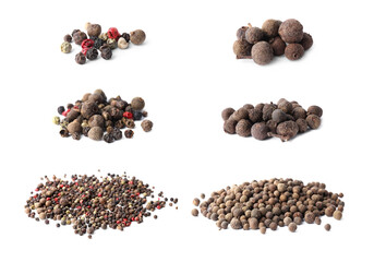 Set of different peppercorns on white background