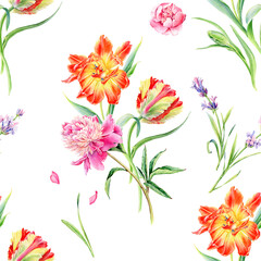Summertime seamless watercolor pattern with wild flowers tulips, poppies, lavender and peonies.