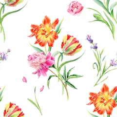  Summertime seamless watercolor pattern with wild flowers tulips, poppies, lavender and peonies. © Anna