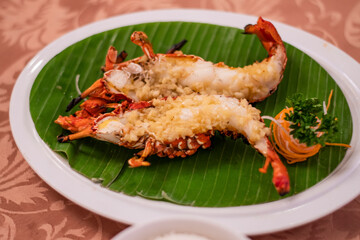 Raw Seafood prawn freshly cooked for customers in a fancy restaurant during the vacation in Bali