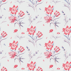 Summertime seamless watercolor pattern with wild flowers tulips, poppies, lavender and peonies.