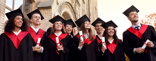 Happy students with diplomas near campus. Banner design