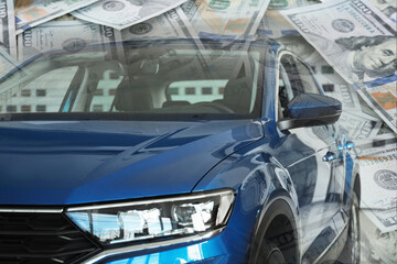 Buying car. Double exposure of auto and dollar banknotes