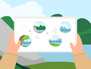 Man on a hiking trip holding a map in hands. Nature landscape of mountains, hills, travel. Flat style vector illustration. Concept of discovery, exploration, hiking, adventure tourism and travel.