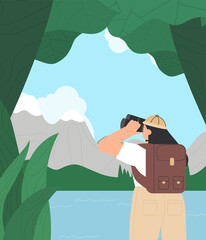 Young woman in hiking clothes, looking through binoculars, on green nature background. Blue sky, lake, travel. Concept of discovery, exploration, hiking, adventure tourism and travel.