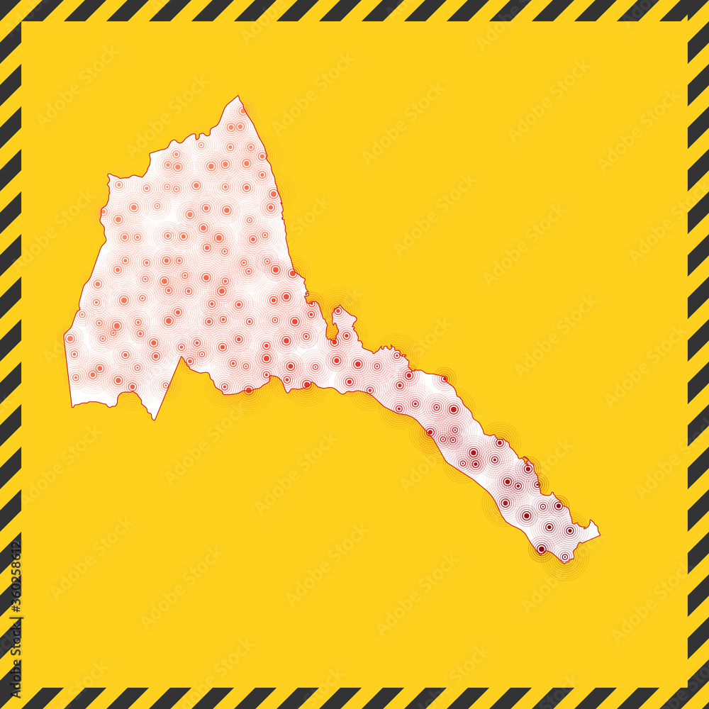 Poster eritrea closed - virus danger sign. lockdown country icon. black striped border around map with viru