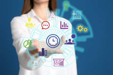 Modern technology concept. Woman on blue background, closeup