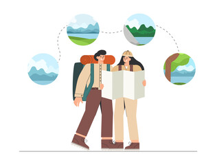 Man and woman plan a trip, hold a map in their hand and look at different options hiking in the fields, climbing a mountain or going to the lake. Concept of discovery, exploration, hiking, adventure.