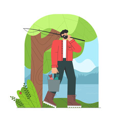 Fisherman cartoon character with beard finished fishing, holding a bucket of fish. Beautiful forests, lake and mountain. Flat style vector illustration.
