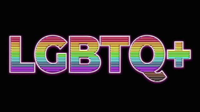 LGBTQ+ neon lettering in rainbow colors on black background