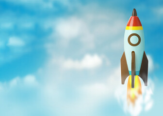 Naklejka na ściany i meble Business startup concept. Modern rocket flying in blue sky, space for text