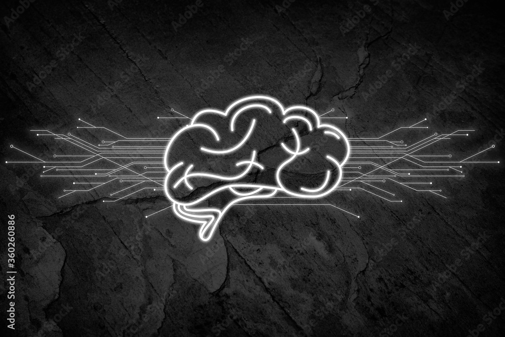 Poster machine learning concept. illustration of brain and circuit board pattern on stone background