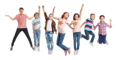 Fototapeta premium Collage with photos of jumping children on white background