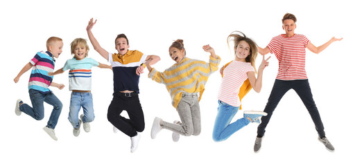 Collage with photos of jumping children on white background
