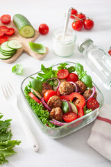 keto paleo lunch box with meatballs, lettuce, tomato, cucumber, bell pepper
