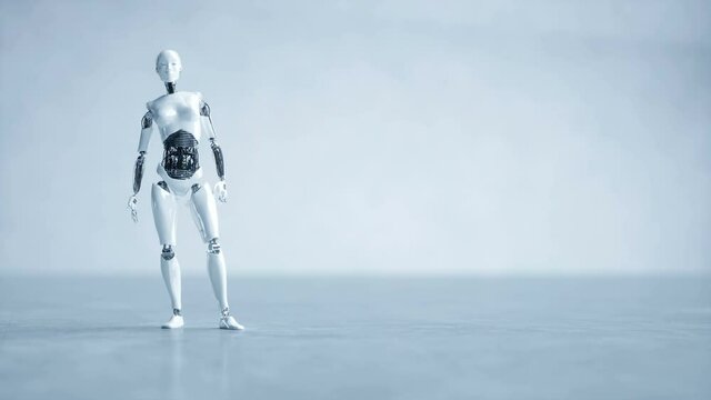 Futuristic humanoid female robot is idle. Concept of future. Realistic 4K animation.