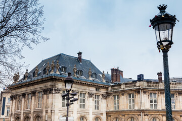 Fototapeta na wymiar Street lamp with love locks next to the Institute of France in Paris