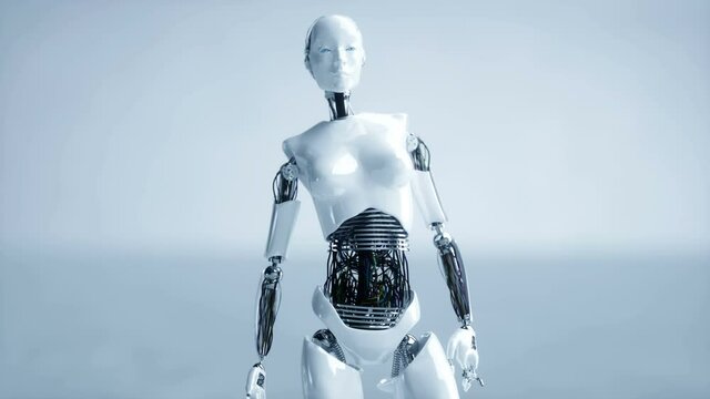 Futuristic humanoid female robot is idle. Concept of future. Realistic 4K animation.