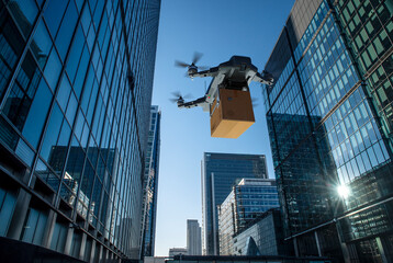 Drone delivering package between highrise buildings, London, UK