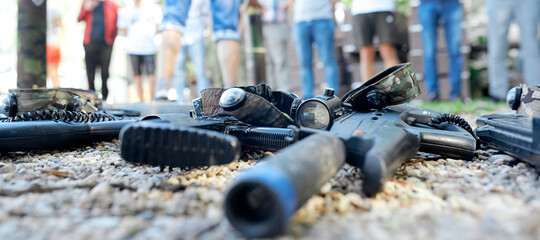 closeup military machine guns, small arms for soldiers with silencers, realistic models for airsoft...