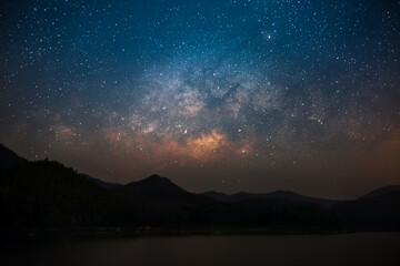 Beautiful landscape mountains and lake in the night with Milky Way background, Chiang mai , Thailand