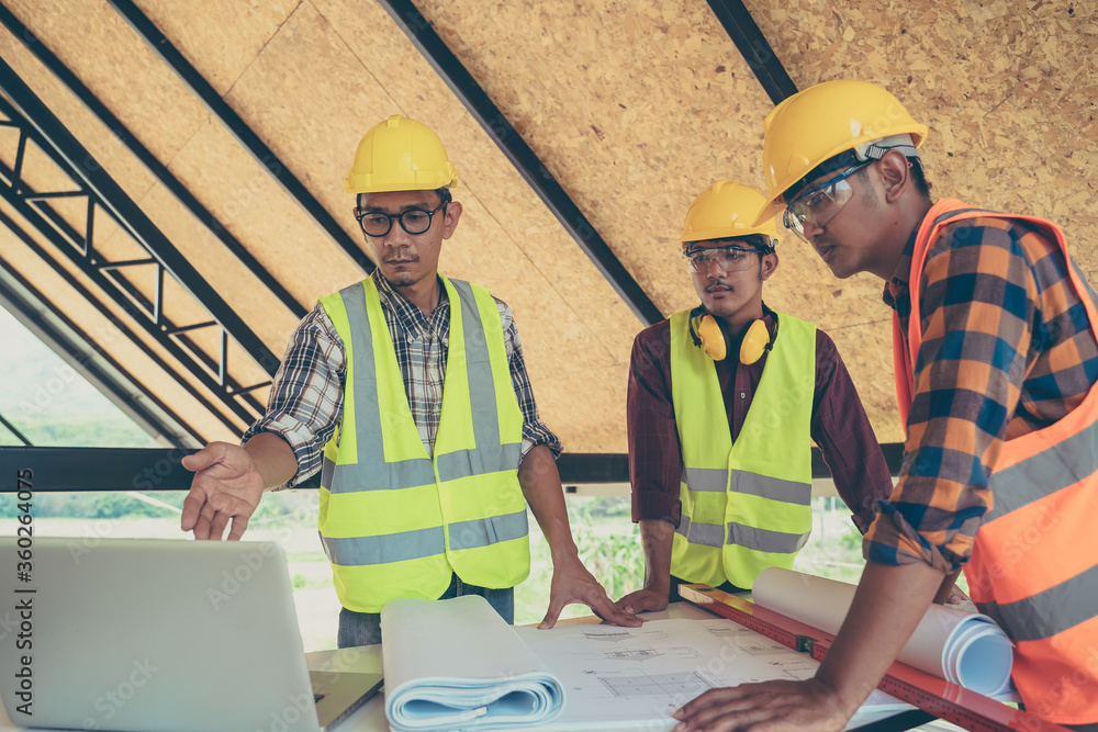 Poster engineer and architect meeting or discussing work in office or construction site.