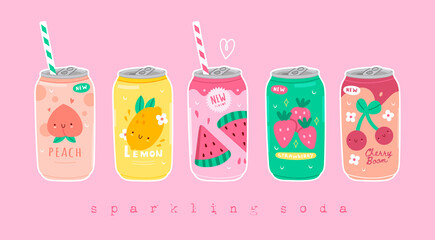 Various tasty Sodas. Hand drawn Vector set of soft Drinks in aluminum Cans. Carbonated water with different fruit flavors. Kawaii asian style. Trendy illustration. All elements are isolated