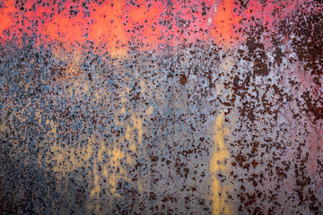 The old iron background is painted in red, pink, purple with rust and chips.