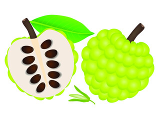 Whole sugar apple and half with a flower on a white background.