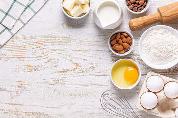 Obraz na płótnie Canvas Ingredients for baking - flour, eggs, salt, sugar, milk.