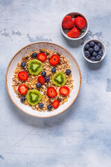 Healthy breakfast, bowl with oat granola and berries.