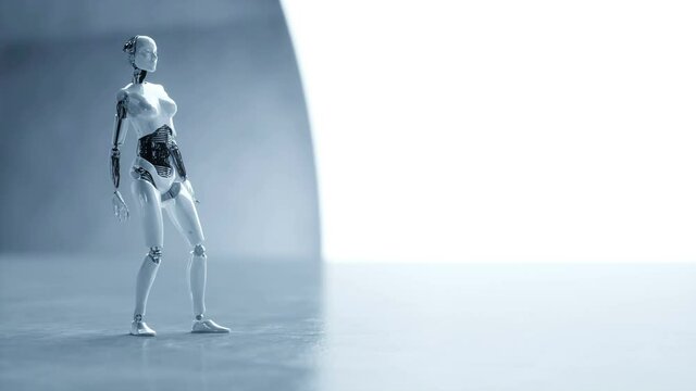 Futuristic humanoid female robot is idle. Concept of future. Realistic 4K animation.