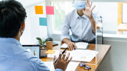 Fototapeta premium Coronavirus concept , Office workers wearing mask working together with infection protect.