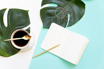 Mockup card of summer leaf with copy space. Wedding invitation card papers laying on table decorate.