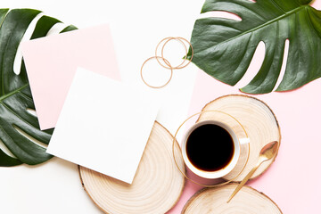 Creative flat lay of workspace desk.