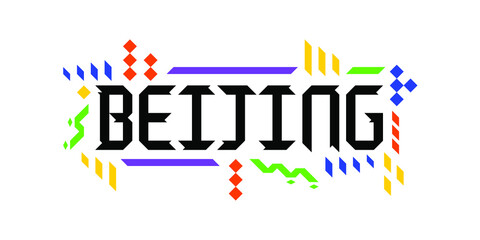 Colorful custom vector logo font of Beijing, in a geometric, playful style on white background. The abstract Asian ornament is a representation of tourism, dynamic, innovative culture.