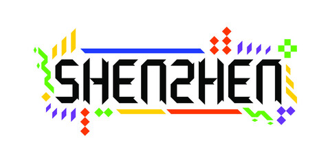 Colorful custom vector logo font of Shenzhen, in a geometric, playful style on white background. The abstract Asian city name ornament is a representation of tourism, dynamic, innovative culture.