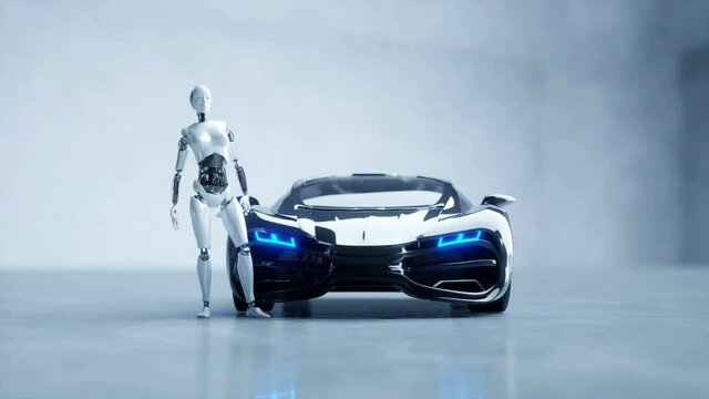 Futuristic humanoid female robot and sci fi car. Realistic motion and reflections. Concept of future. 4K footage.