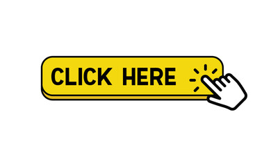 Click here web button. Isolated website buy or register bar icon with hand finger clicking cursor, design template.