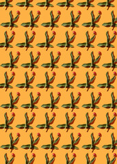 Pattern of live tulips on an orange background.