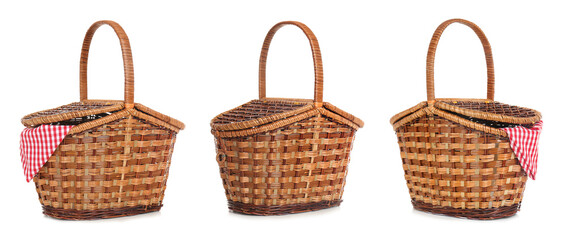 Set of wicker baskets for picnic on white background, banner design