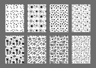 memphis seamless pattern swatches, black and white monochrome pattern, simple black design elements textile